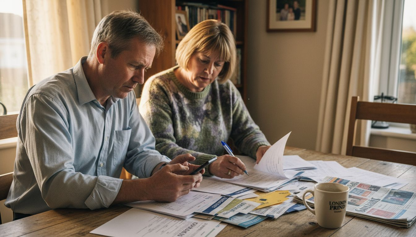 Couple sorting insurance paperwork at home