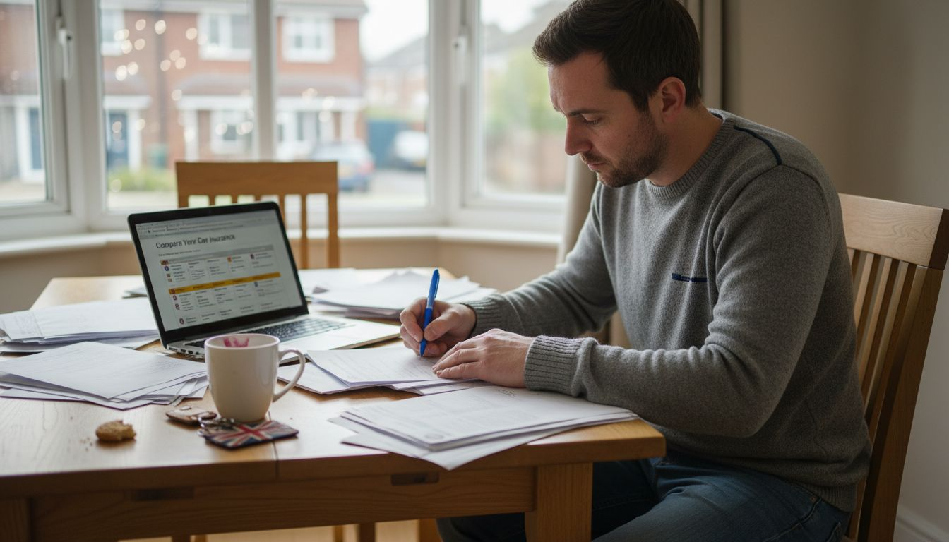 Man reviewing car insurance documents at home