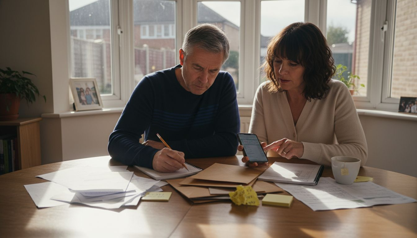 Couple reviewing utility bills at home table