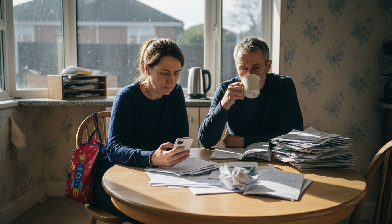 UK couple sorting insurance papers at kitchen table