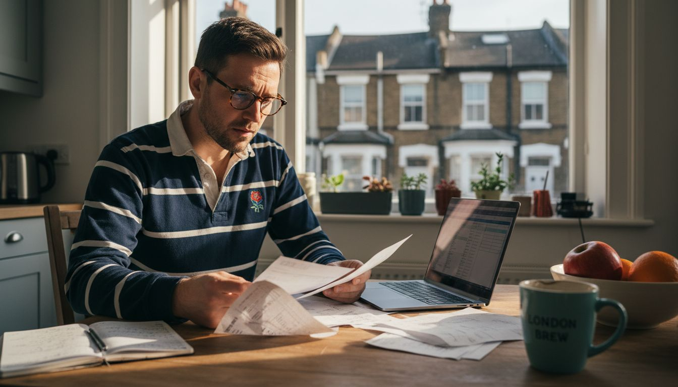 Man comparing energy bills at kitchen table