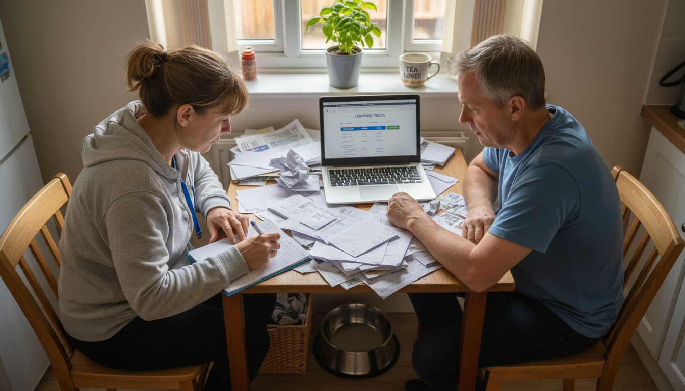 Couple comparing household bills at kitchen table