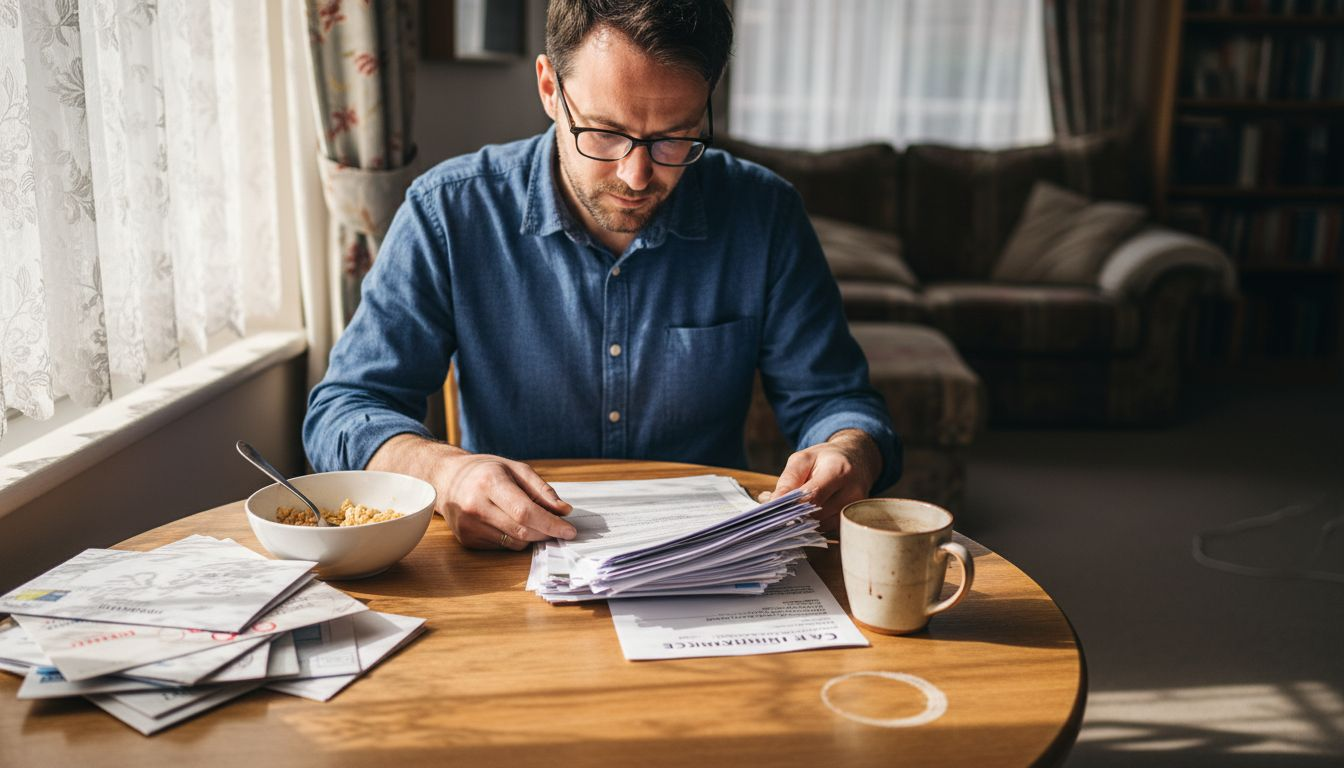 Man reviews UK insurance excess paperwork at table