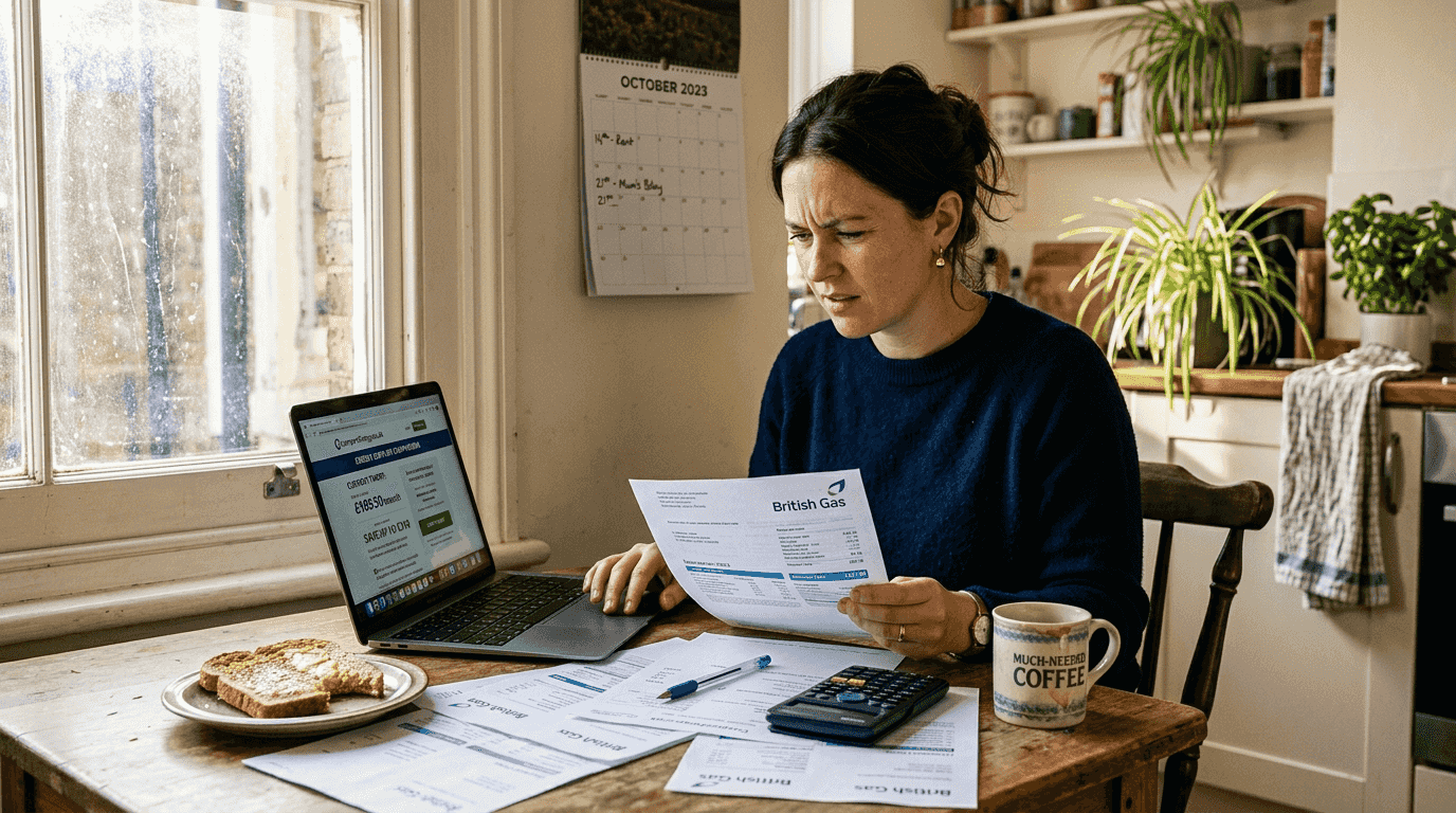 Woman comparing household bills at kitchen table